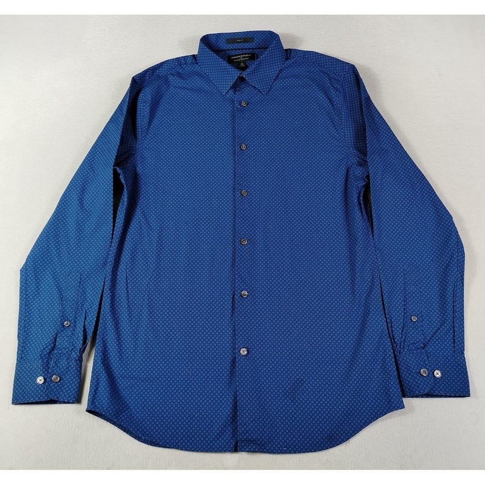 Banana Republic Dress Shirt Mens Medium Blue Geo‎ Slim Fit Wrinkle Resistant